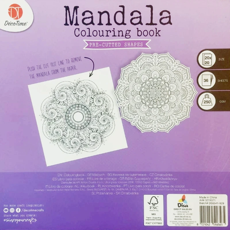 Deco Time - Mandala Anti-Stress Coloring Book Thick Paper 250 gsm Pre-Cutted Shapes 36 Sheets Size 20 x 20 cm – Purple Cover (3219371)